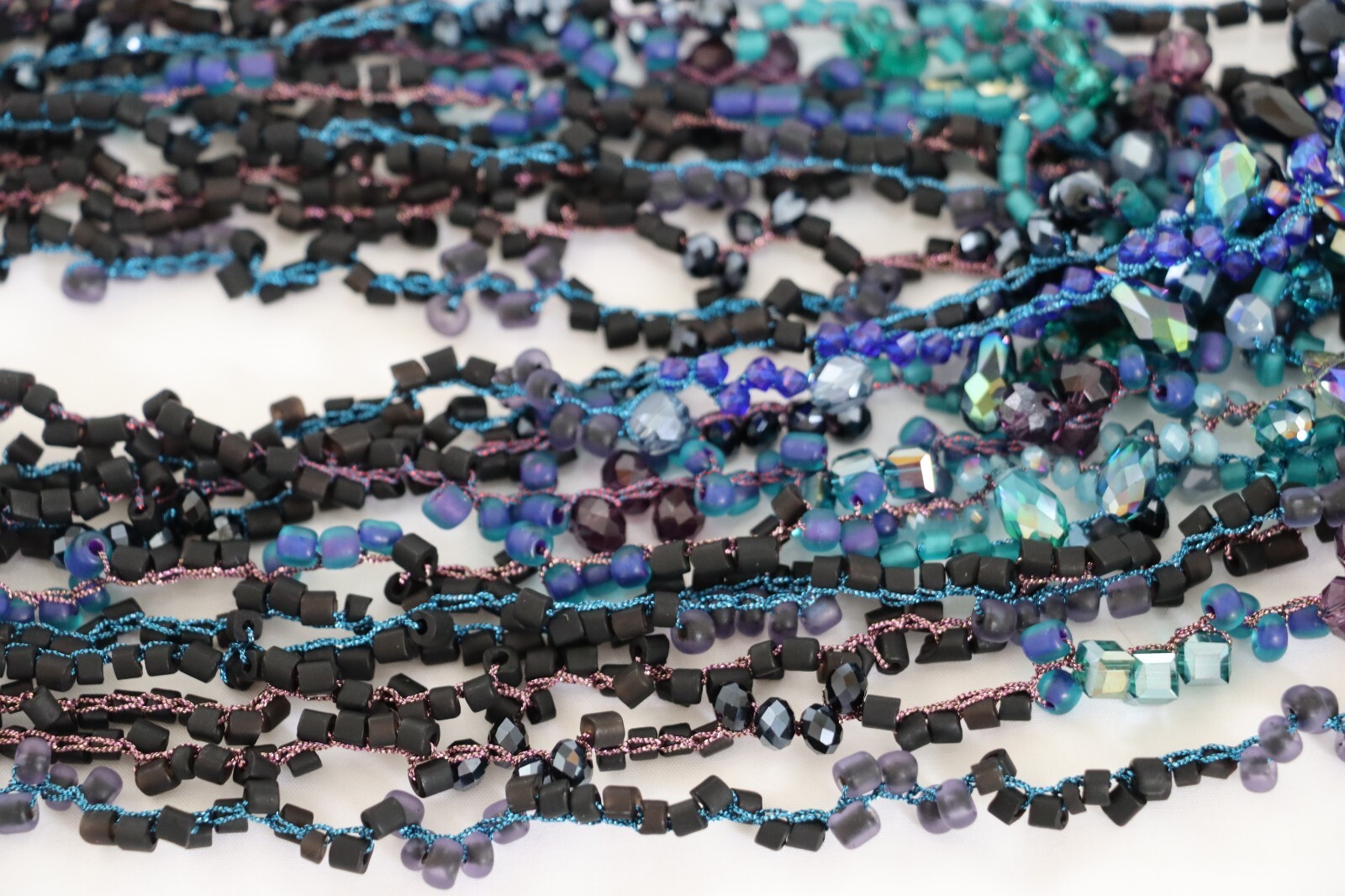 Multi-Strand Blue Black & Multicolor Crystal & Seed Bead Necklace 21-24″