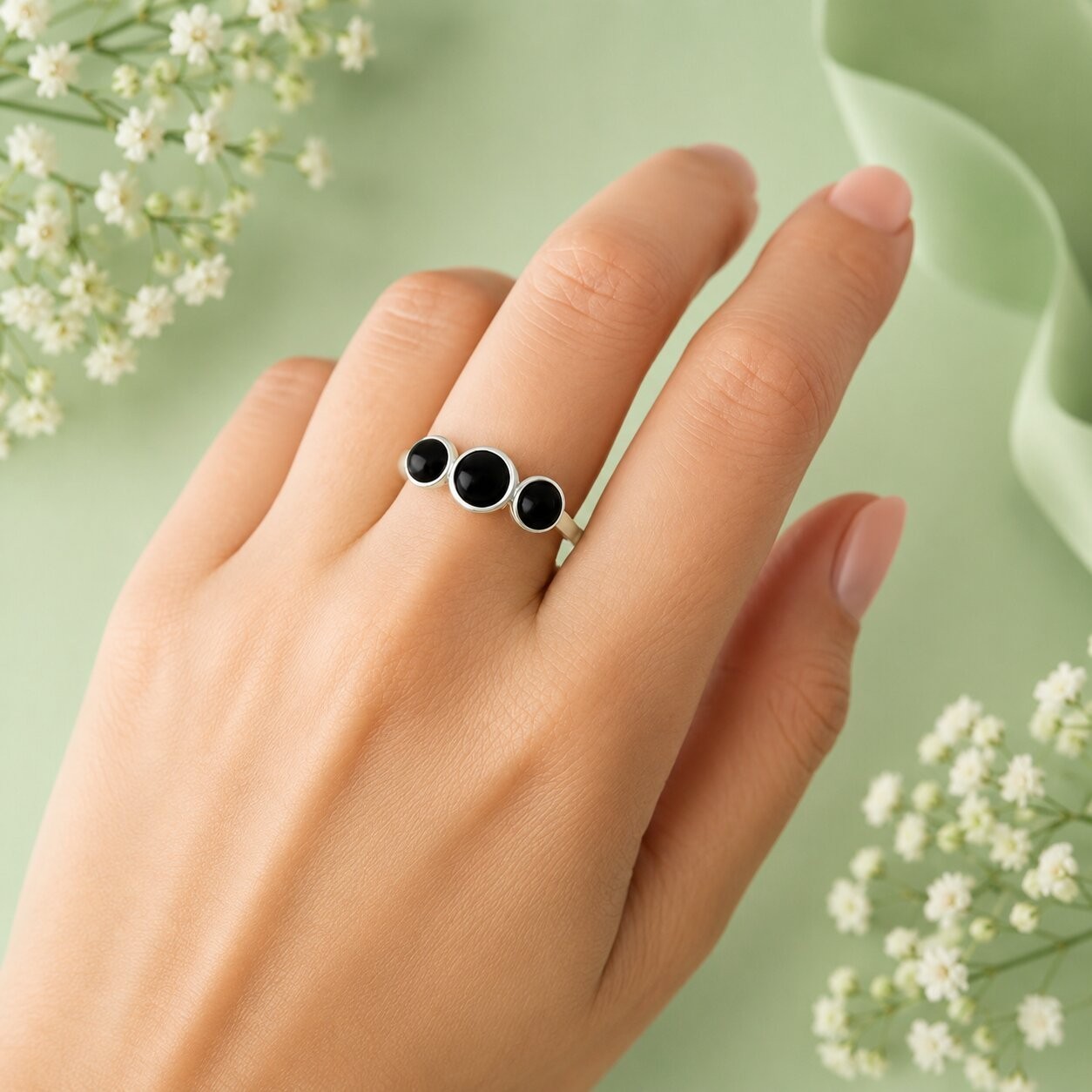 925 Sterling Silver Black Onyx Three Stone Ring Handmade Minimalist Women Ring