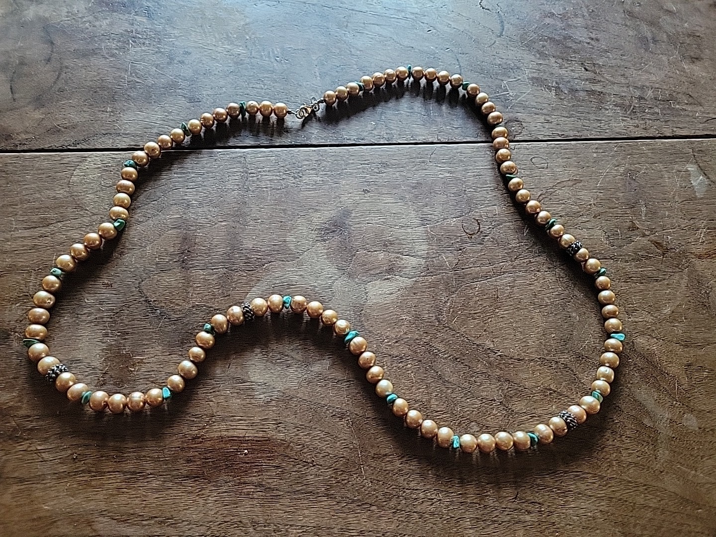 Vintage SALLY C TREASURES Sterling Silver Turquoise Cultured Pearls 36” Necklace