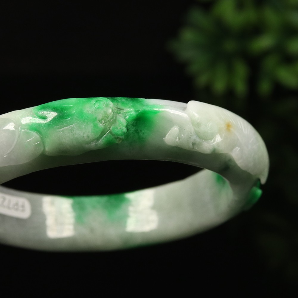 58mm White Emerald Green Jadeite Jade Bracelet Bangle Ruyi Rabbit Bat A-14597