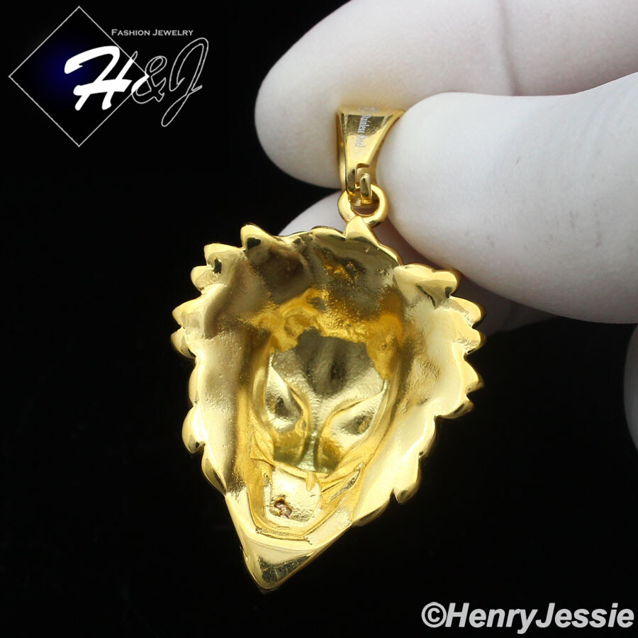 18-36″MEN Stainless Steel 3mm Gold Plated Box Chain ICY CZ 3D Lion Pendant*GP134