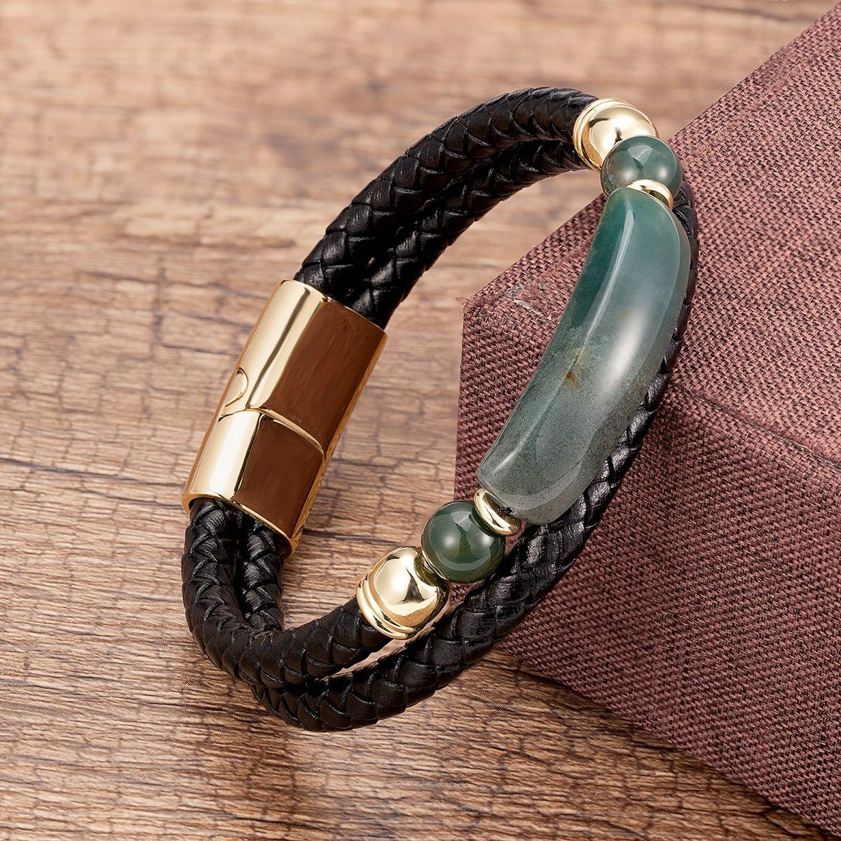 Men’s Multi-Layer Leather Bracelet with Natural Stone – Stainless Steel Clasp