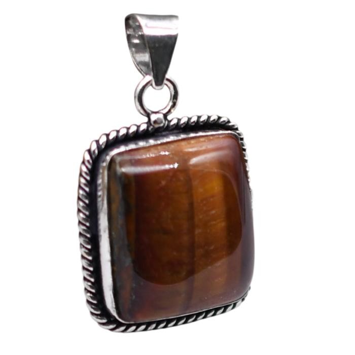 Tiger Eye Natural Gemstone Antique Silver Plated Pendant 2″ J 1084