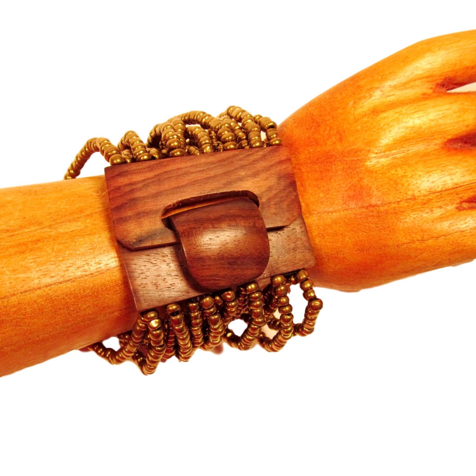 Shiny Gold Color Handmade Beaded Stretch Wood Buckle Seed Bead Cuff Bracelet