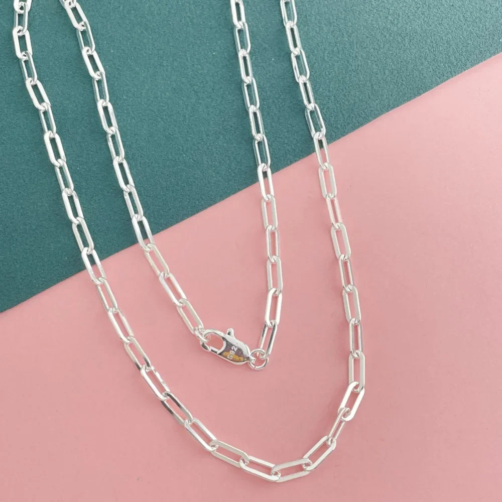 Paperclip Chain Necklace 925 Sterling Silver 3mm 45-60cm Women Jewelry