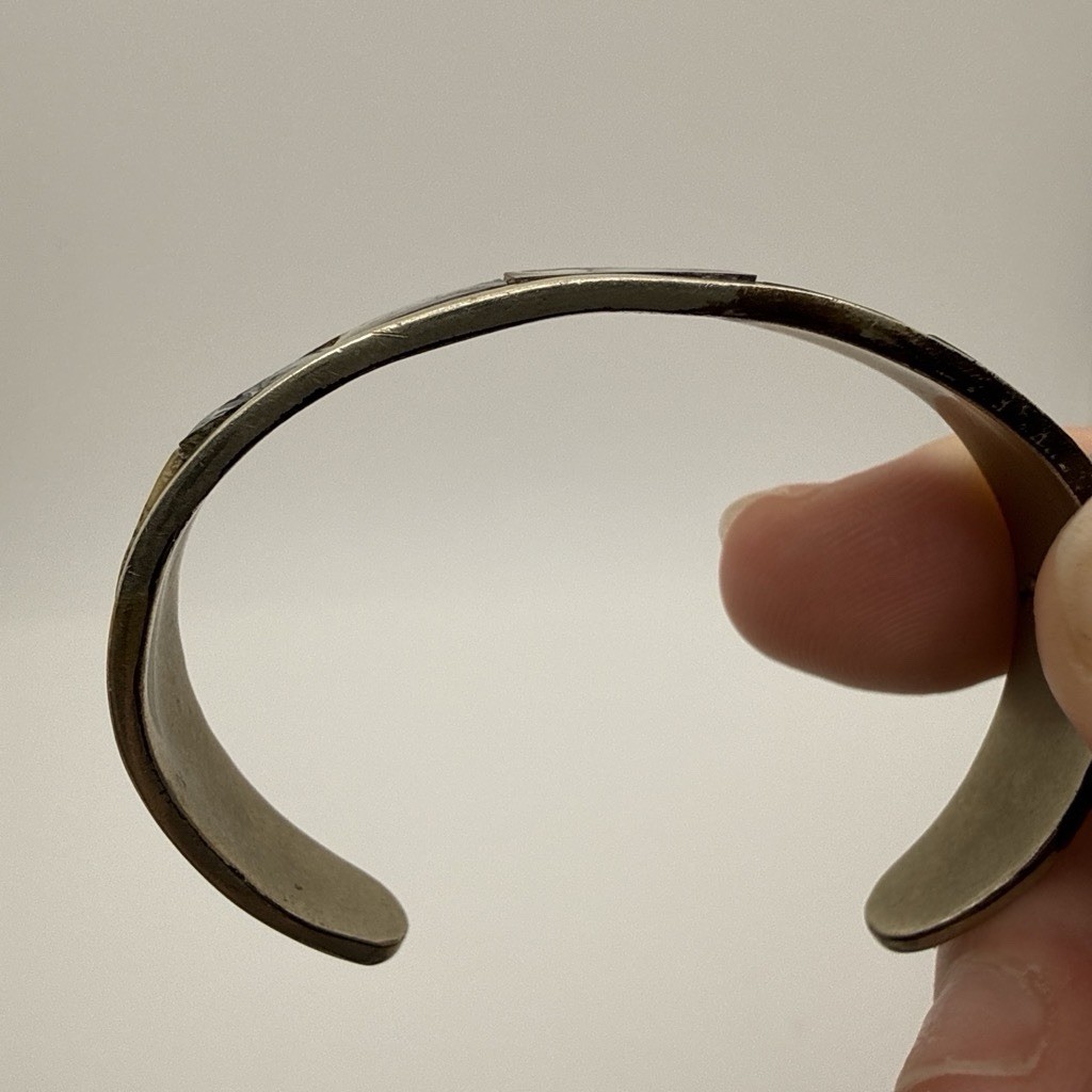 Alpaca Abalone Shell Inlay Silver Tone Open Cuff Bracelet, Signed Sizable