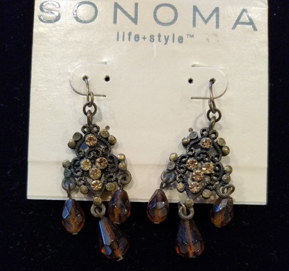 Sonoma Life+Style Women’s Earrings Dangle Antq Gold Tone~Bling~Beads~2 in.~NWT