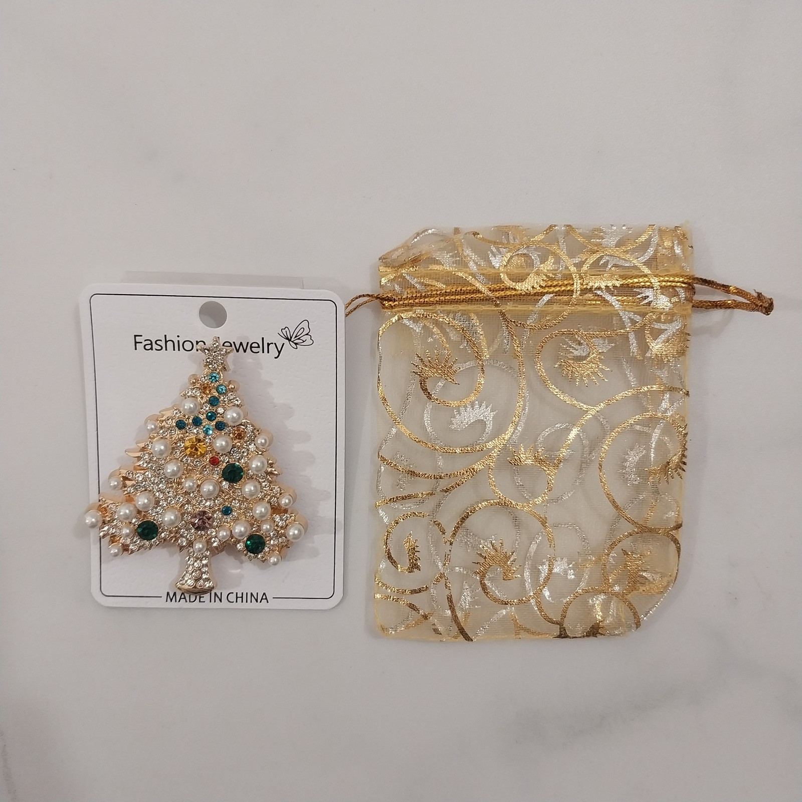 Christmas Tree Brooch Pin 2.25 in w/ decorative gift bag