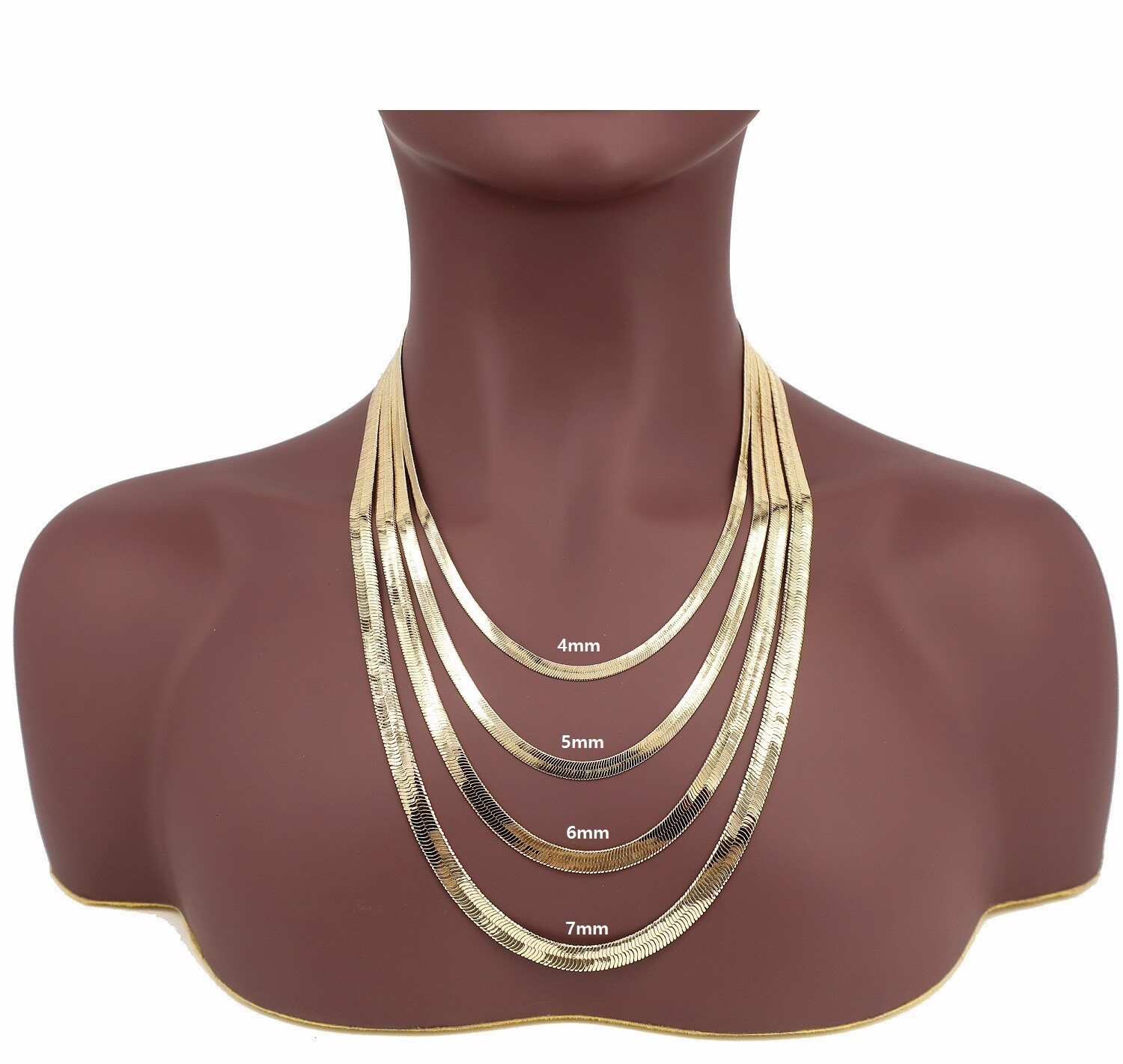 Yellow 14K Flat Herringbone Chain 4mm to 7mm Necklace Gold Plated