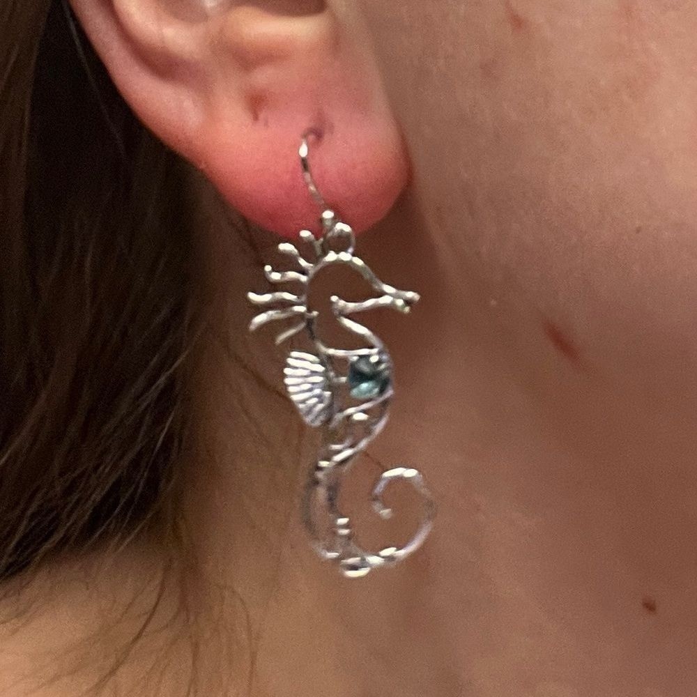 Vintage Boho Style Retro Oxidized Silver Sea Horse Pendant Earrings