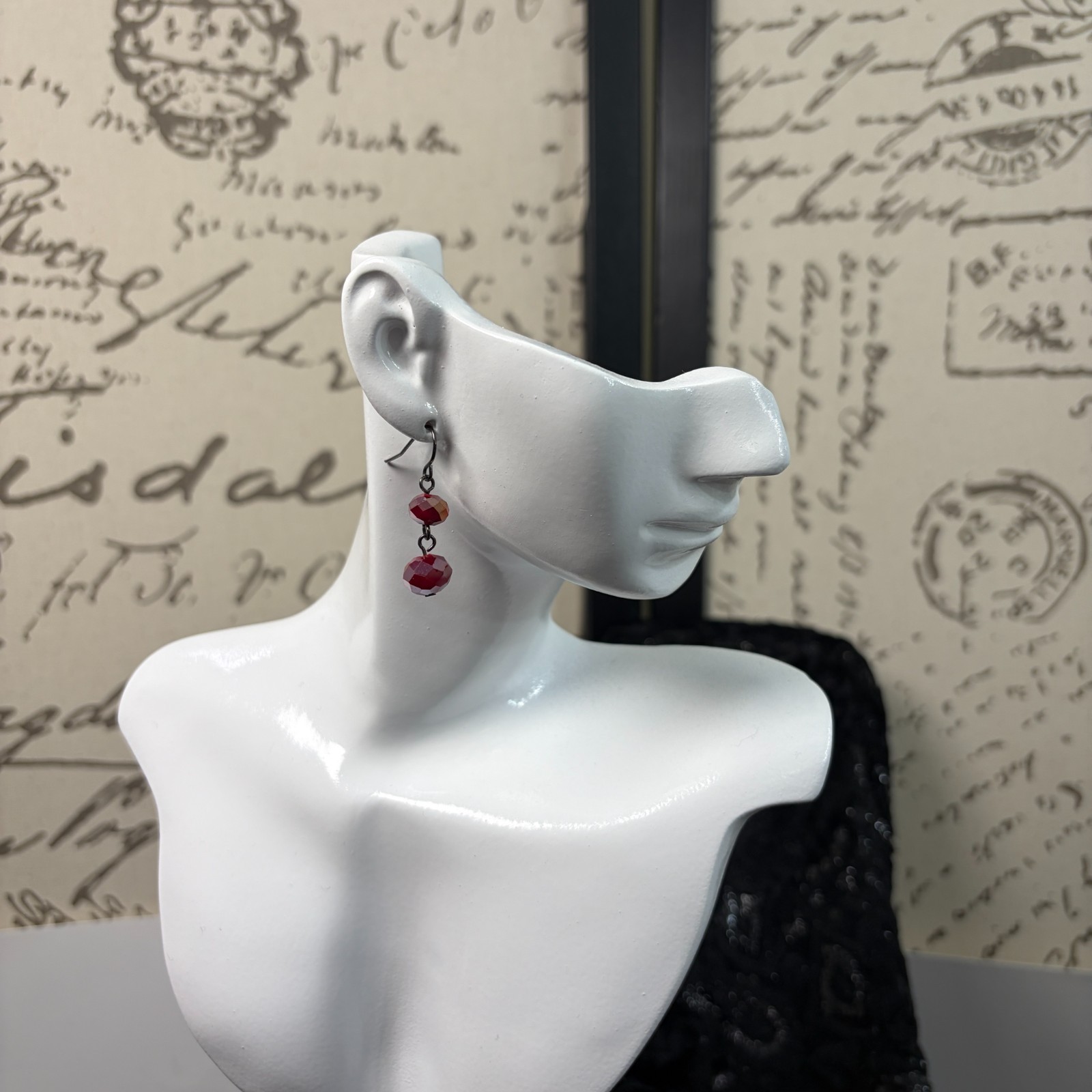 Dark Cherry Red Aurora Borealis Crystal Drop Earrings Hematite Tone Whimsigoth