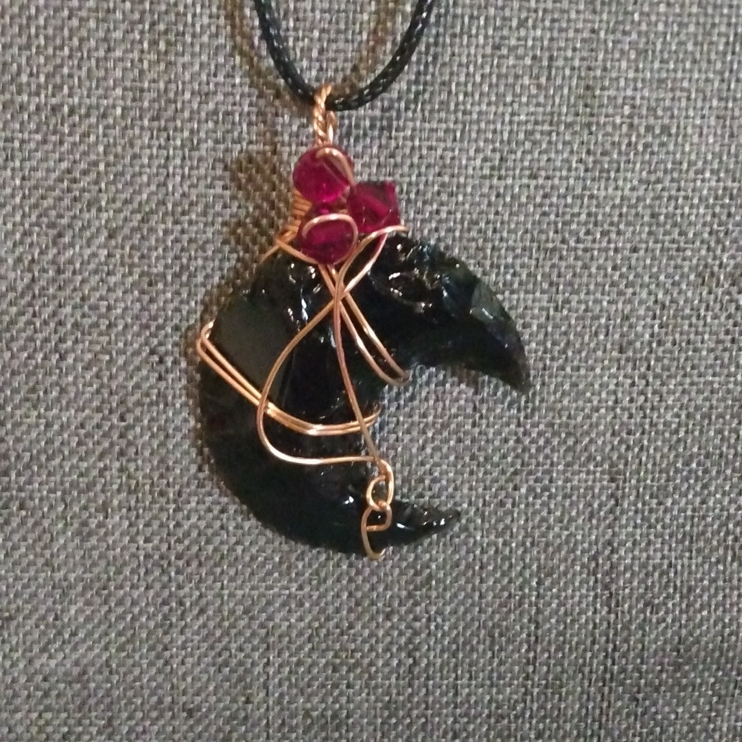 Crescent Moon Charm Pendant Necklace Black Cord Copper Wire Wrapped Lobster