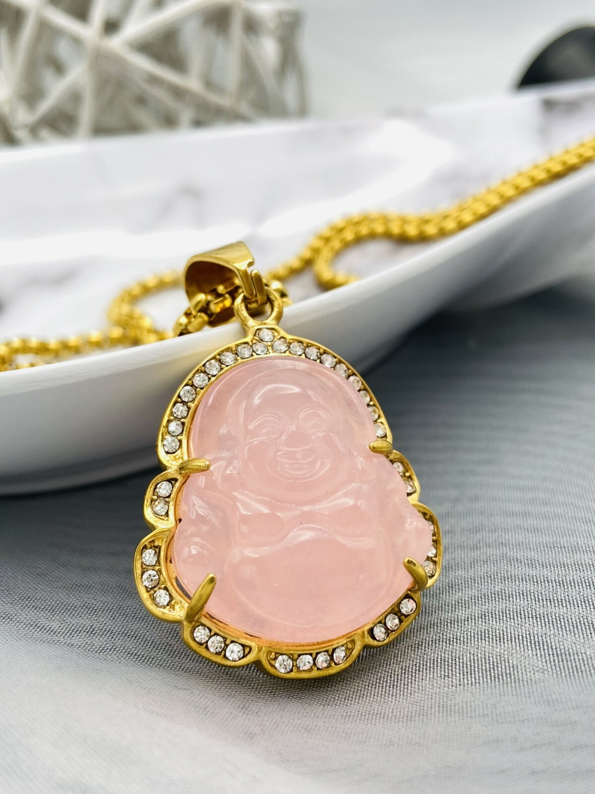 Jade Buddha Pendant Necklace W/ 18K Gold Plated Crystal Charm Hip Hop Chain