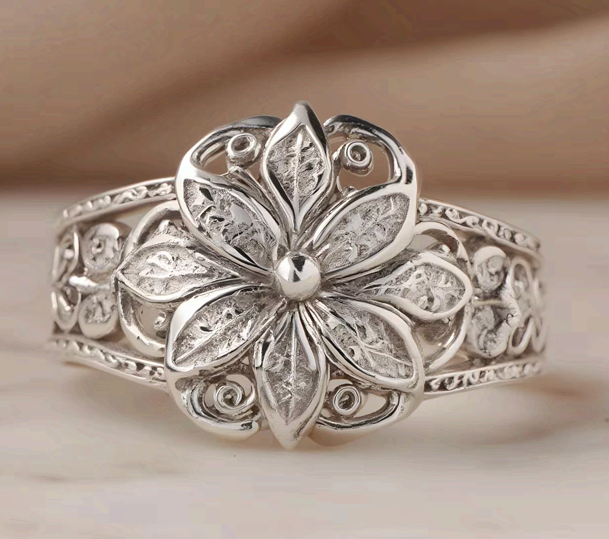 Silver Flower Ring Handmade Filigree Floral Statement Band