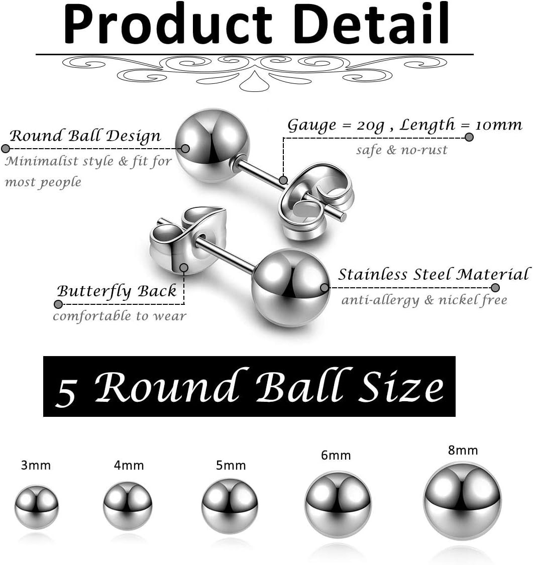 Hypoallergenic Ball Earrings Studs Set Stainless Steel round Ball Studs Earrings