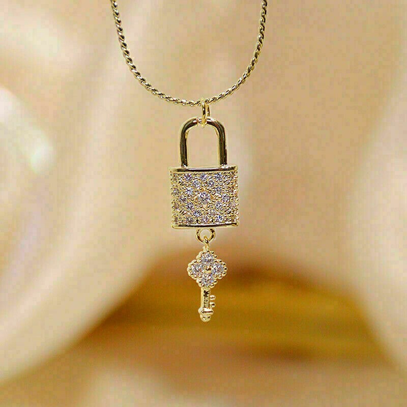 Round Cut Simulated Diamond Stunning Lock And Key Pendant 14K Yellow Gold Plated