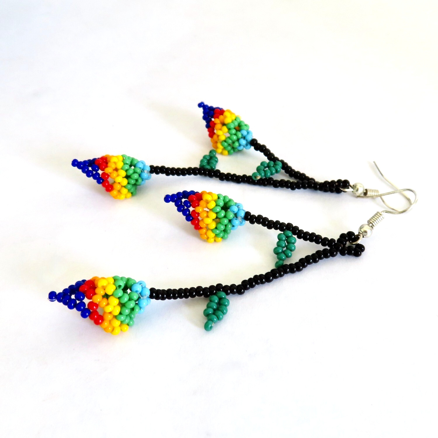 Tribal Earrings Blue Red Beaded Calla Lily Flower Huichol Ethnic Mexico Folk Art