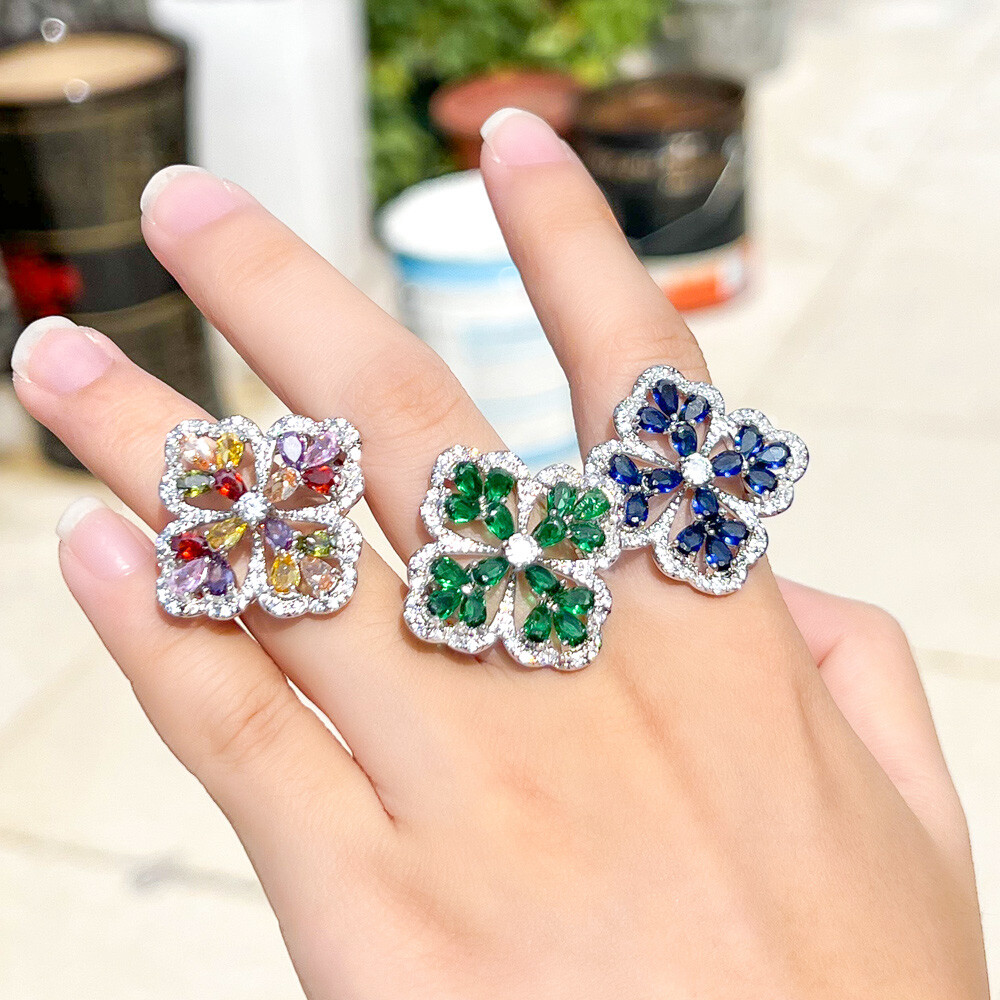 Silver Plated Blue CZ Crystal Flower Statement Women Chunky Flower Party Ring