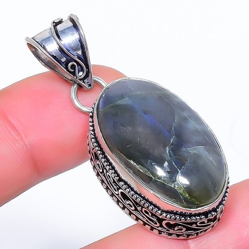 Natural Labradorite Rough Gemstone 925 Silver Plated Jewelry Pendant 1.8″ M152