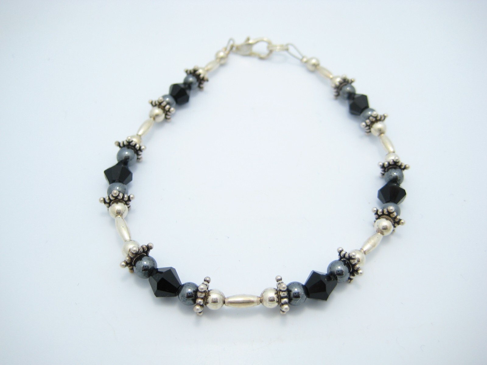 Sterling Silver 5.8mm Black Onyx Beaded Chain Link Bracelet 8″