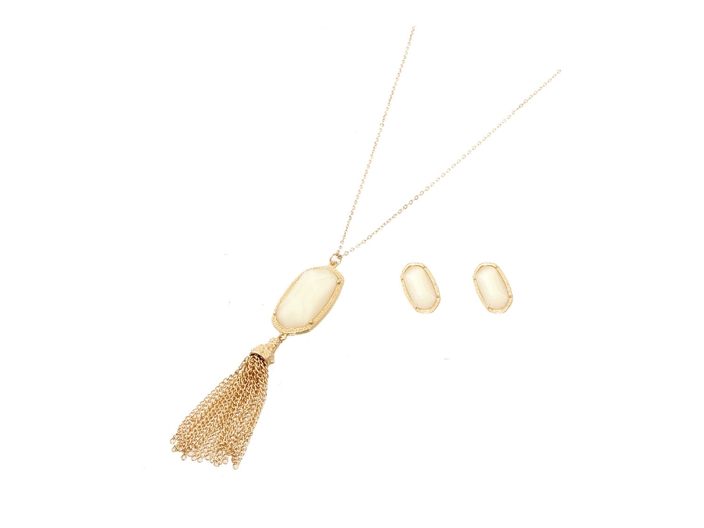Stoned Gold Metal Long Chain Tassel Drop Necklace Set ~ Great Gift Idea ~ NWT!