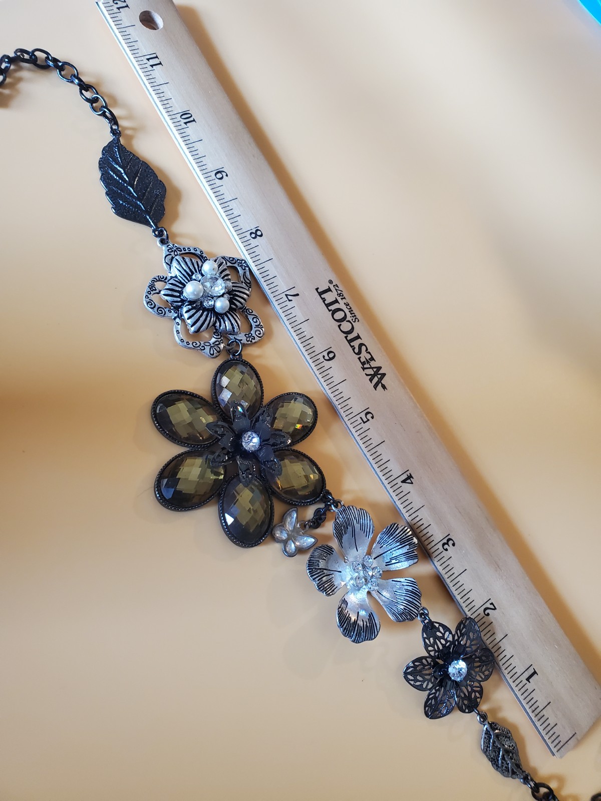 Park Lane Statement Necklace Crystal Pearl Flowers Leaves Butterfly Black Chain