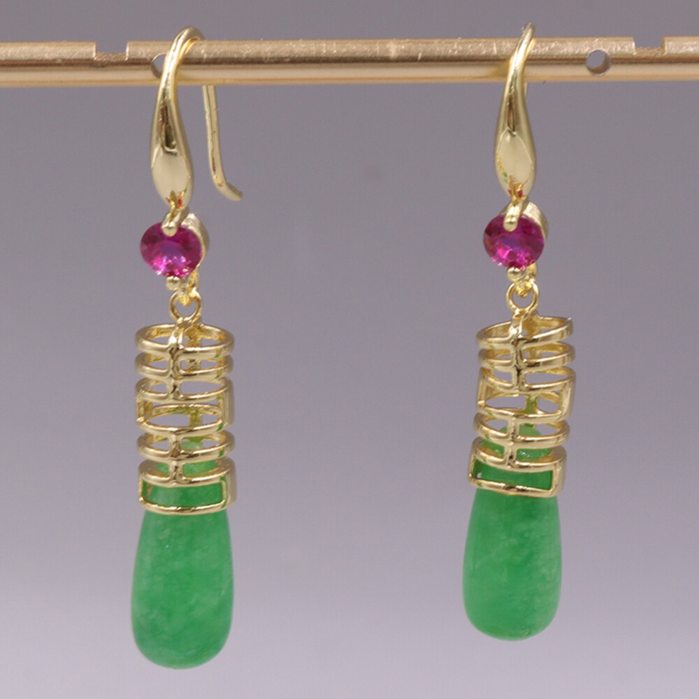 Gold Plated Alloy Heated Green Raindrop Jade Charm Dangle Earrings 40mm H