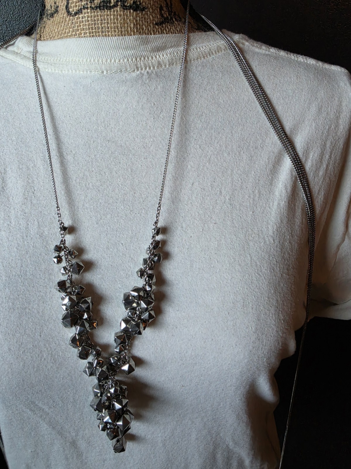 Silver Tone Cable Chain Lariat Necklace, Asymmetrical Drop Pendant, Adjustable