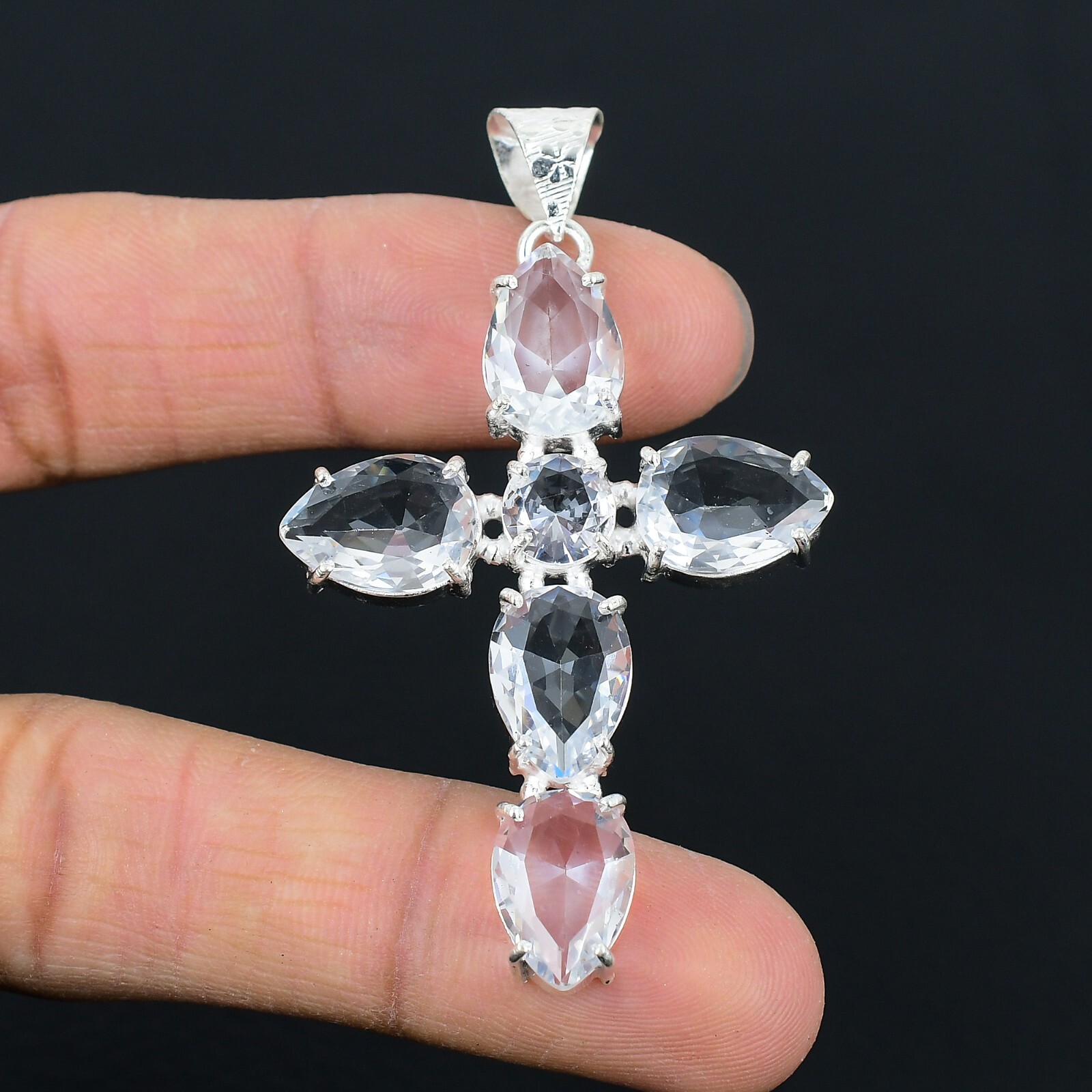 White Topaz Ethnic Handmade Cross Design Pendant Jewelry Party Wear 2.6″ CP 004