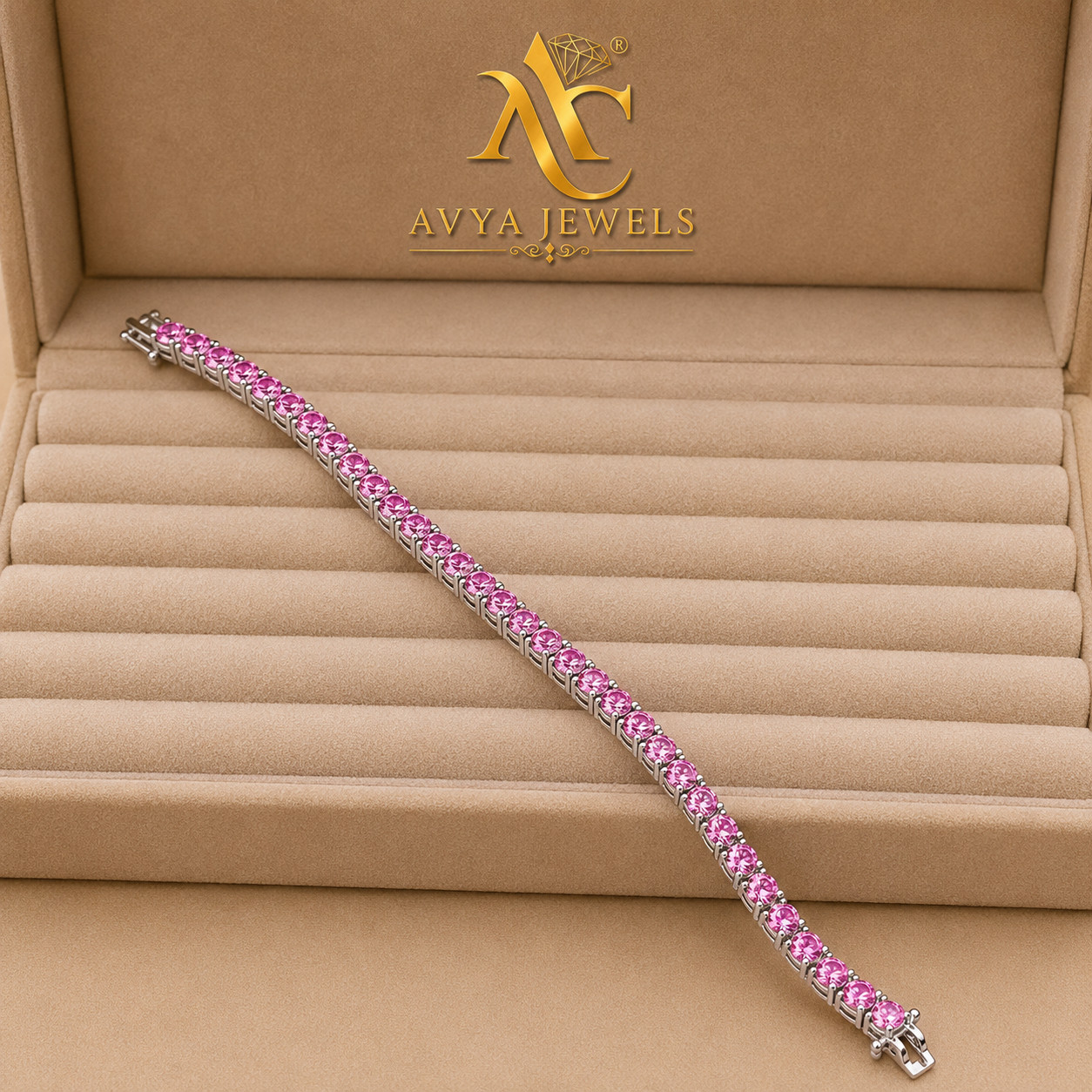 5MM Round LabCreted Pink Sapphire Tennis Bracelet 925Silver 14k WhiteGold Plated