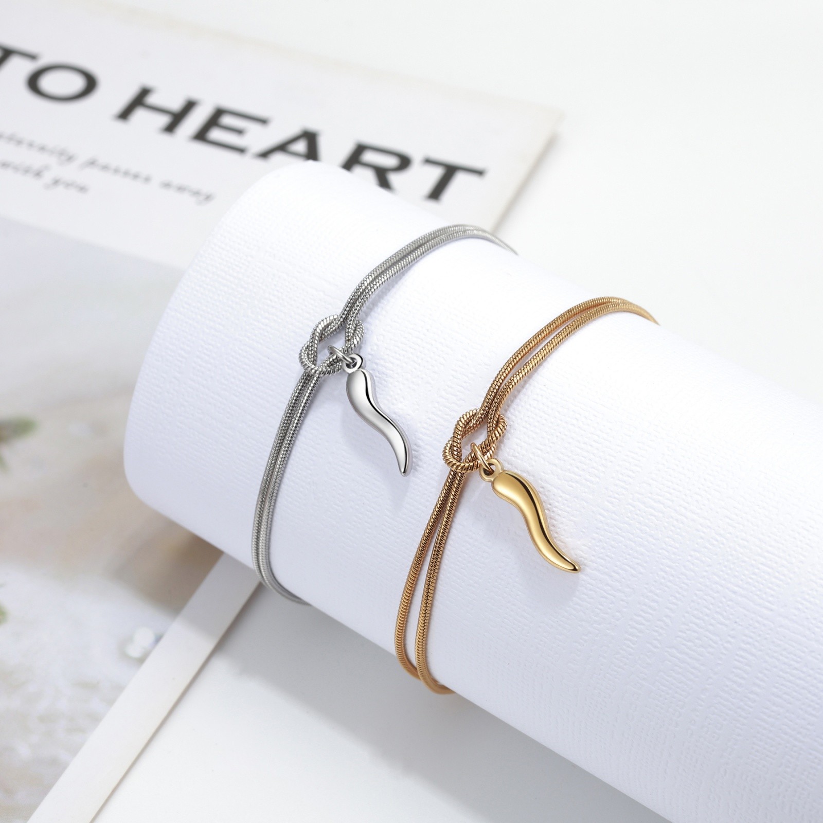 Women’s Infinity Knot Italian Horn Pendant Stainless Steel Bracelet Adjustable