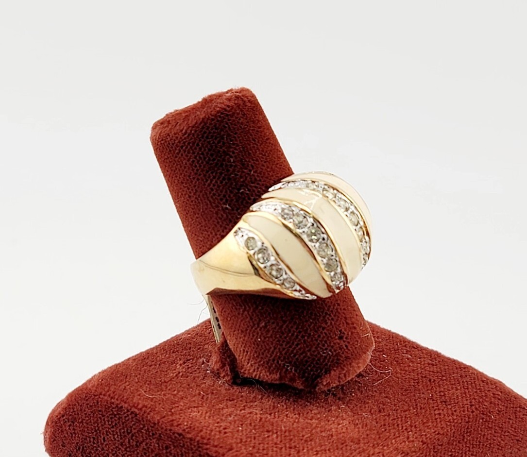 Vtg Ring Sz 7 Cream Enamel Dome Domed Bubble Rhinestones Jewelry 18KGE S#3