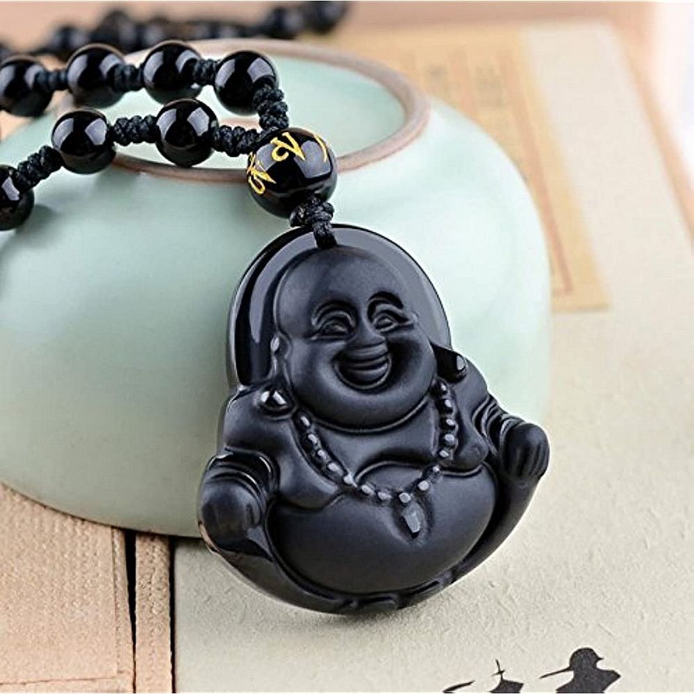 Crystal Natural black obsidian laugh buddha necklace pendant with bead chain