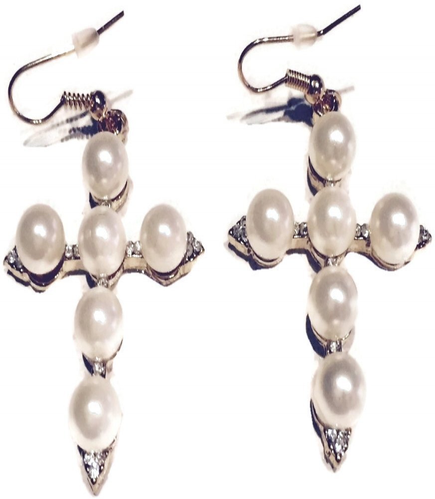 Cross Earrings For Women Metal Dangle, Simulated Pearl & Rhinestones In 3 Colors