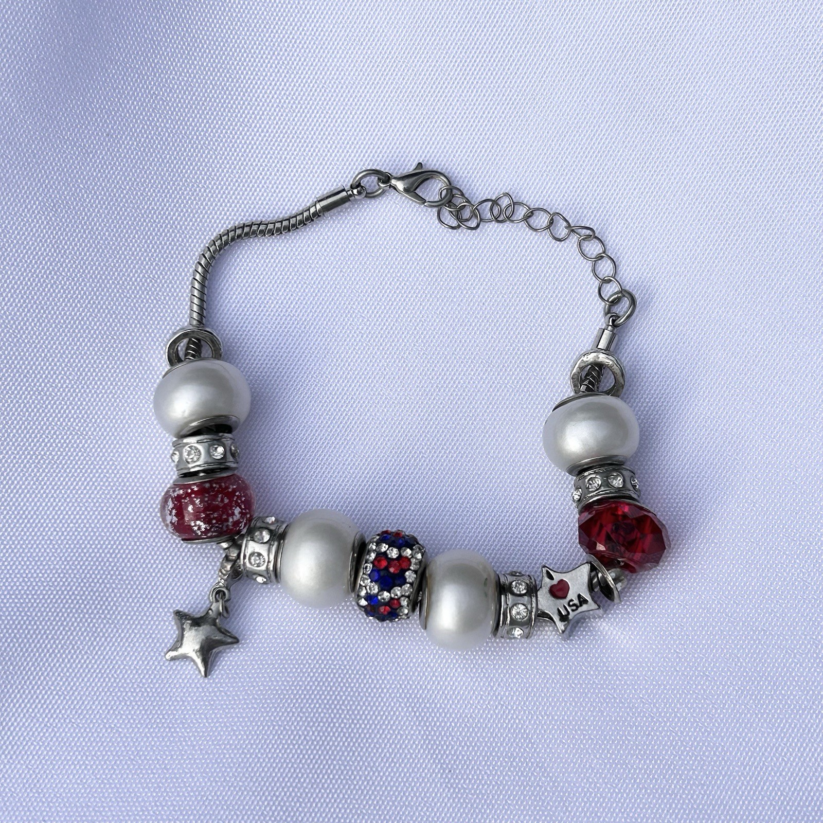 Slide Style Charm Bracelet Patriotic Fourth Of July I Love USA Stars Rhinestone