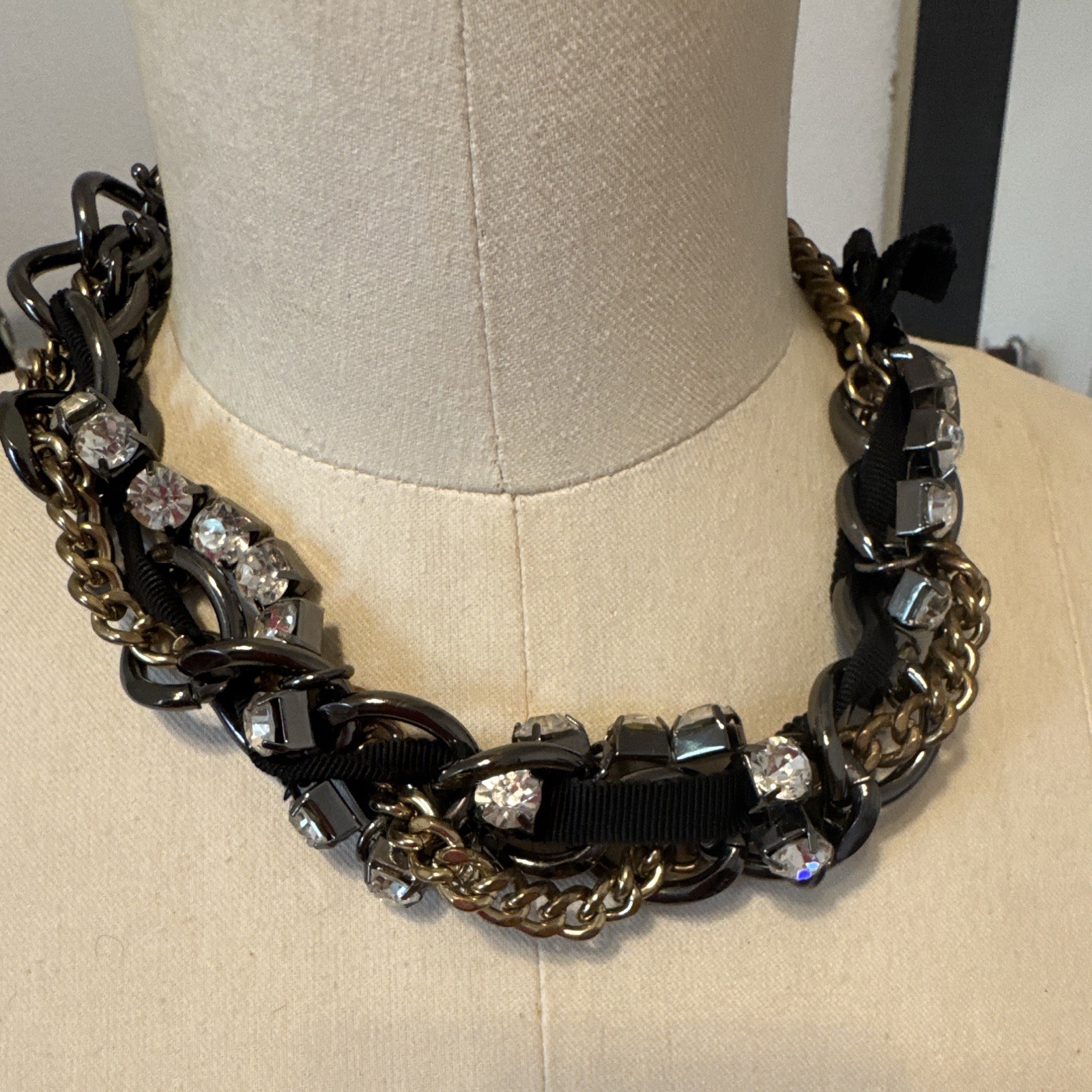 J.CREW Black Gold Silver Tone Curb Link Statement Necklace Clear Crystal Signed