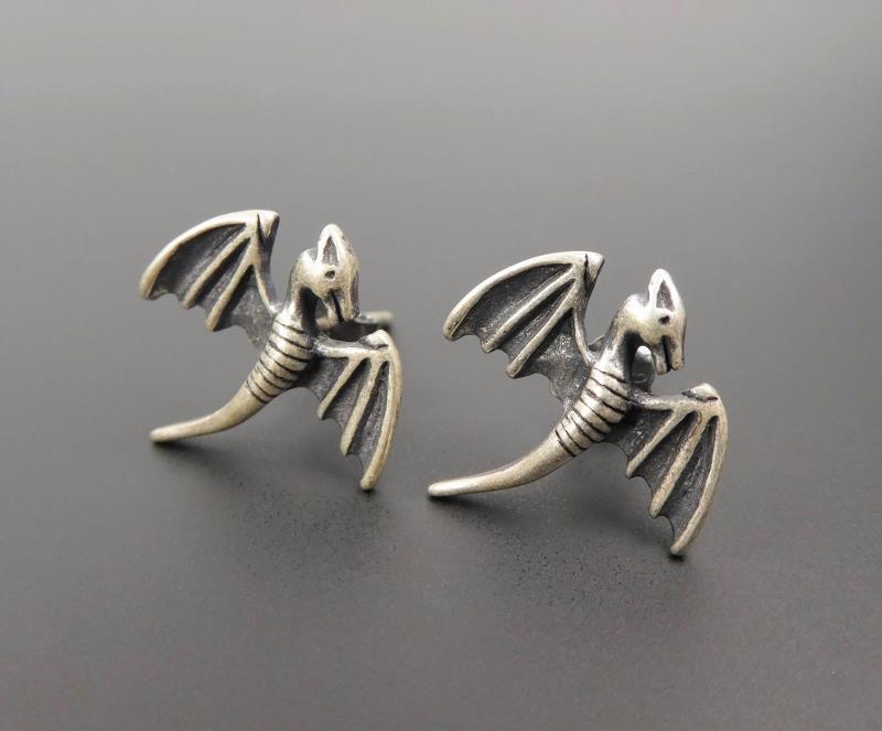 Handmade 925 Sterling Silver Small Open Wing Dragon Stud Earrings Unique Gothic