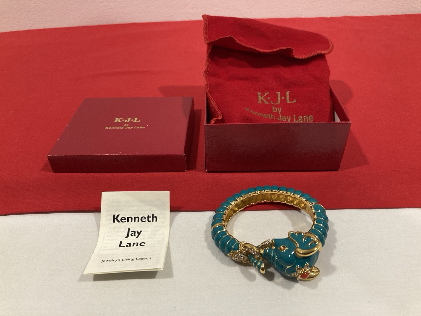 KJL Kenneth Jay Lane TEAL RAJ ELEPHANT BANGLE Hinged Bracelet 6.5″ NEW IN BOX