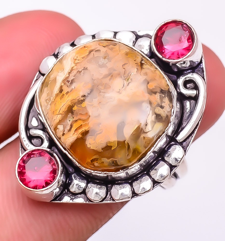 Natural Plume Agate & Rubellite Gemstone 925 Silver Plated Ring s.8.5 S29