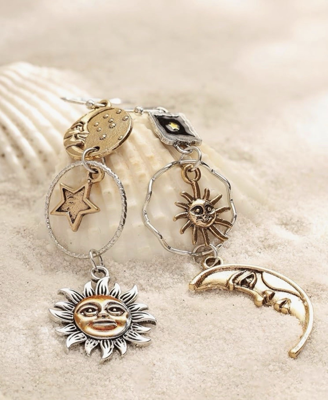 Vintage Gothic Sun Moon Star Asymmetric Drop Greek Mythology Dangle Earrings