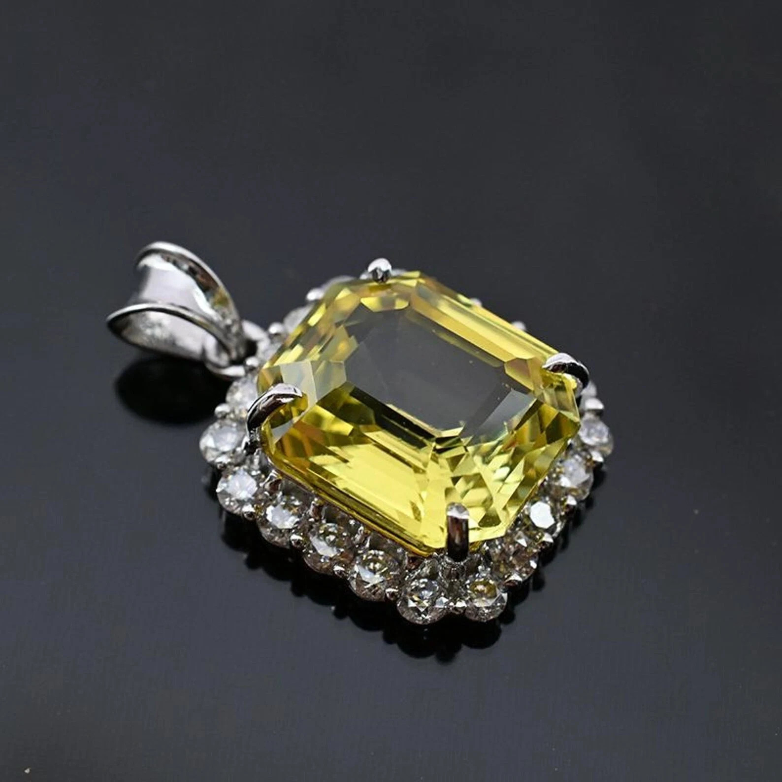 EGL Certified Emerald Cut Yellow Sapphire Pendant with Zircon Halo & Chain