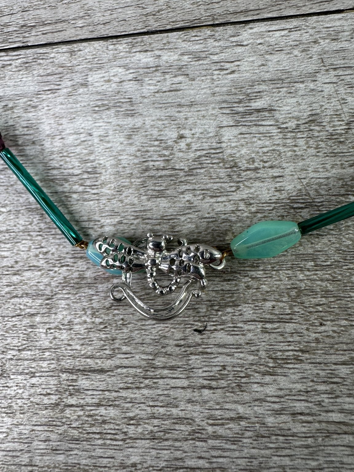 Artisan Beaded Necklace Teal Blue Purple Glass Stone Dragonfly Clasp