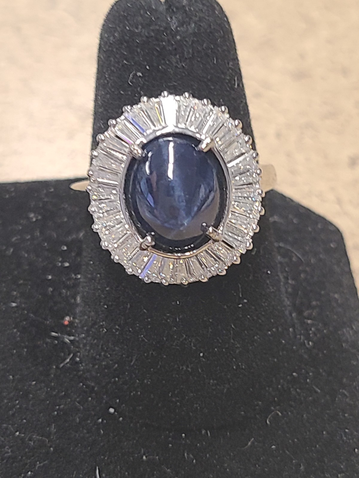 D’Joy Blue Star Sapphire (DF), Moissanite Ring in Rhodium Over Sterling Silver