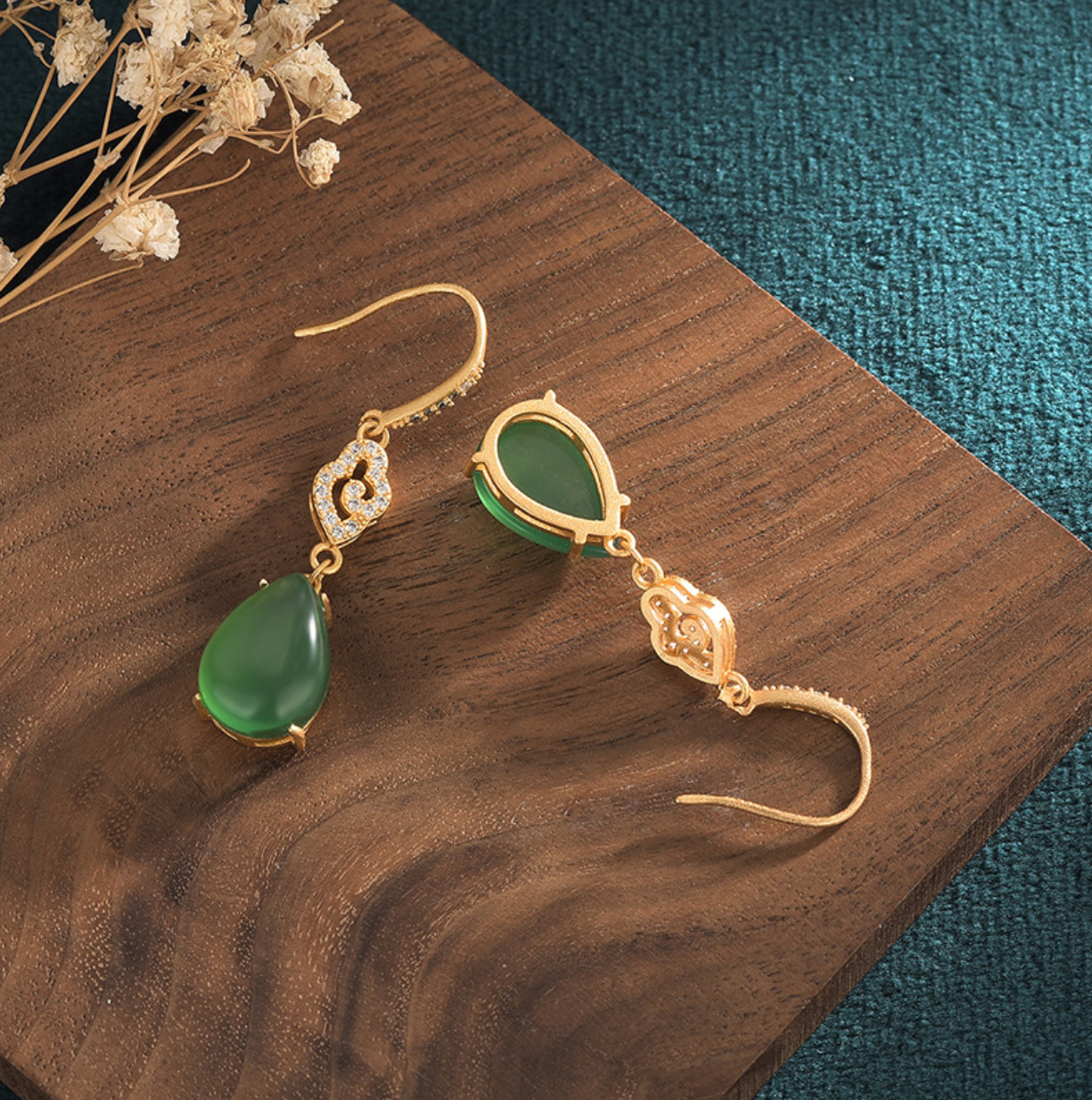 Green Jade Crystal Drop Dangle Earrings Boho Gemstone Ear Hook 18K Gold Plated