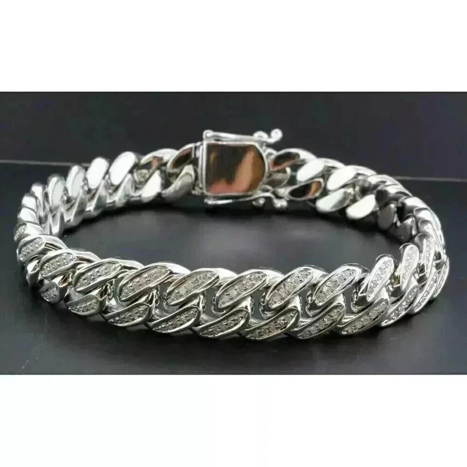 9ct Round Cut Simulated Diamond Men’s Cuban Link Bracelet 14K White Gold Plated