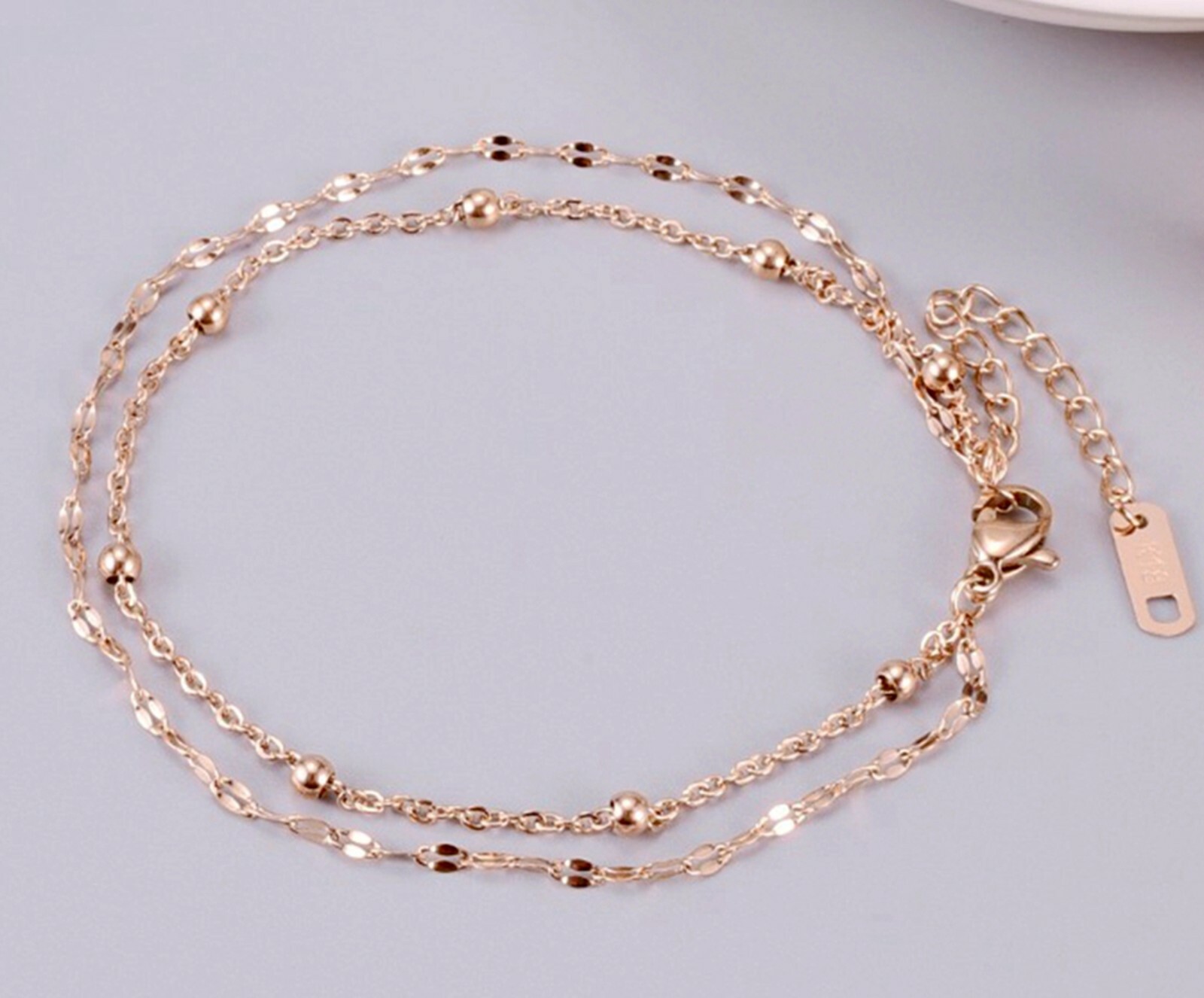 Titanium Stainless Steel Delicate Double Bead Twist Chain Anklet Bracelet 8-9.6″