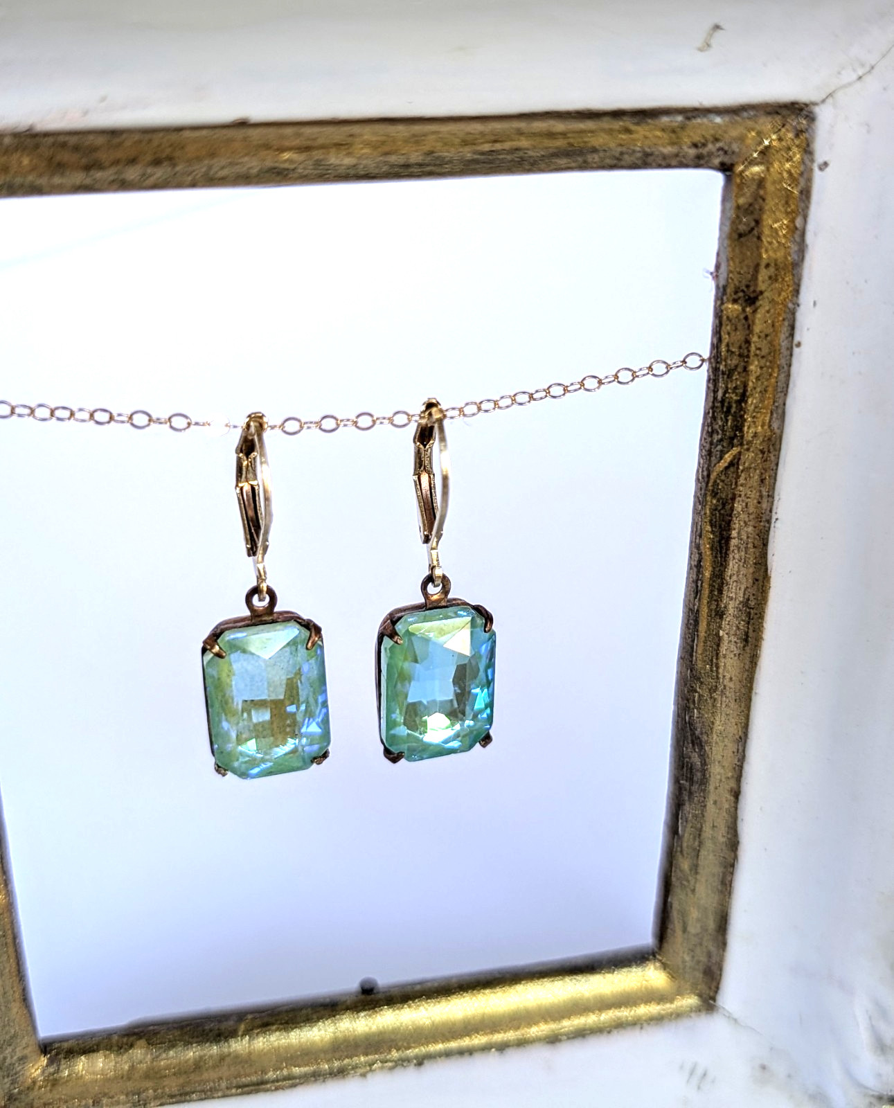 ​Vtg Electric Jade Green Octagon Glass Earrings GF Leverback SaraMargaux