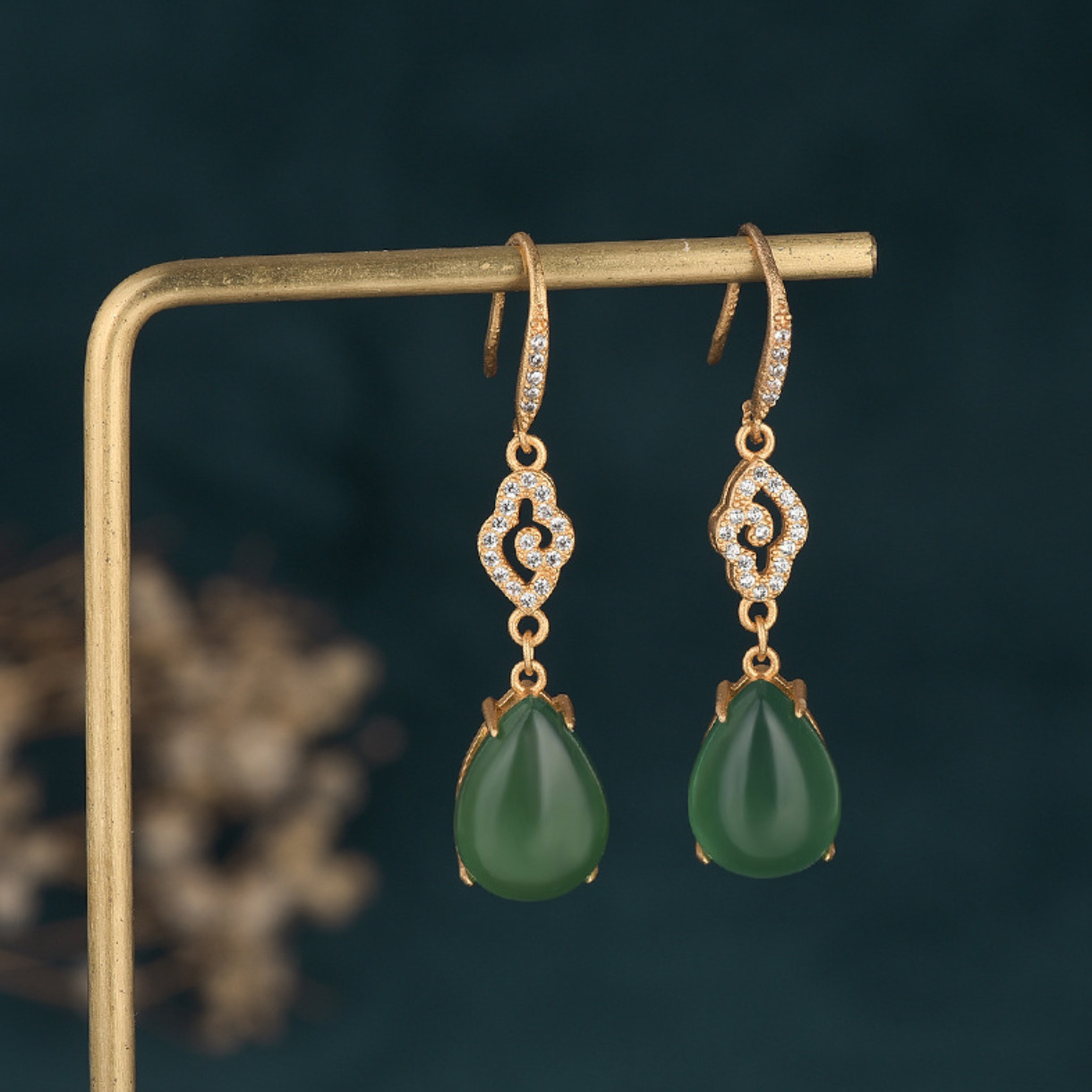 Green Jade Crystal Drop Dangle Earrings Boho Gemstone Ear Hook 18K Gold Plated