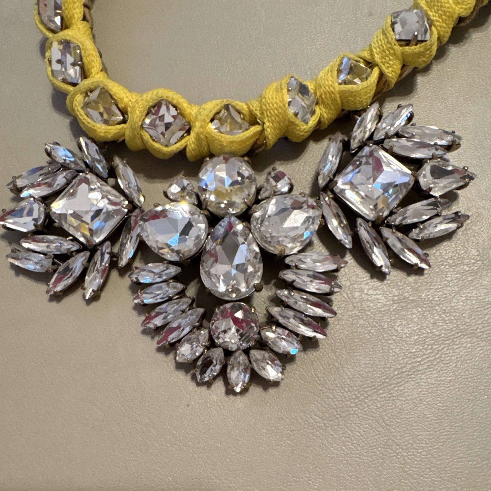 J.CREW 2009 Yellow/antique gold Fabric Chain Statement Necklace Rhinestone Charm