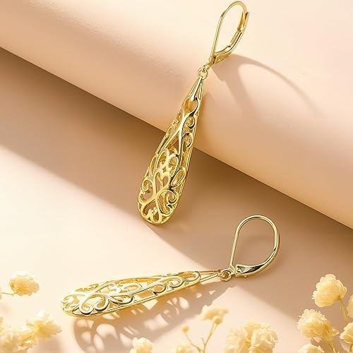 14K Gold Dangle Earrings for Women, Long Teardrop Dangling Leverback Earrings…